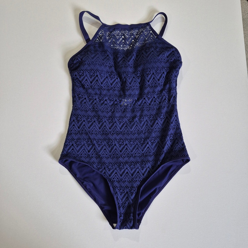 Holipick Womens Navy Blue Crochet Lace High Neck One Piece Swimsuit Size Large